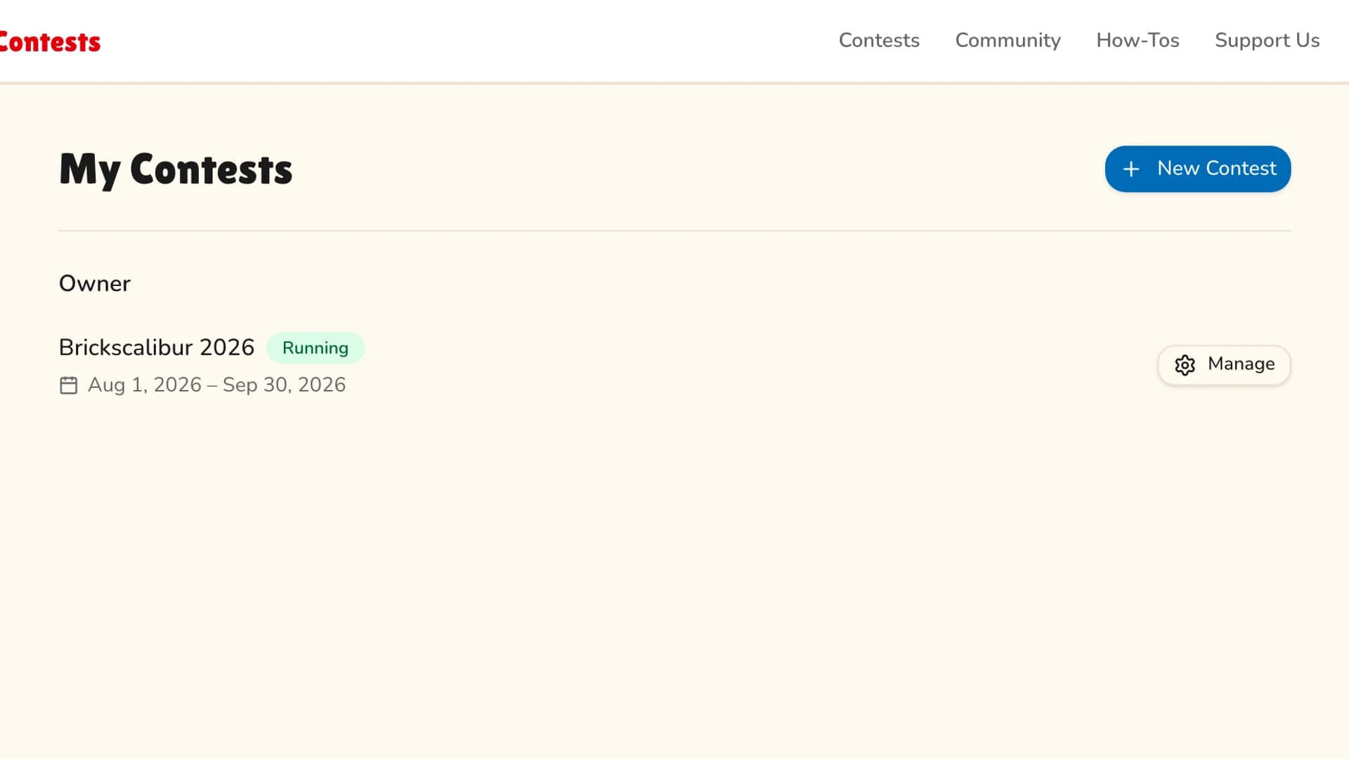 The My Contests page listing contests grouped by role with a New Contest button