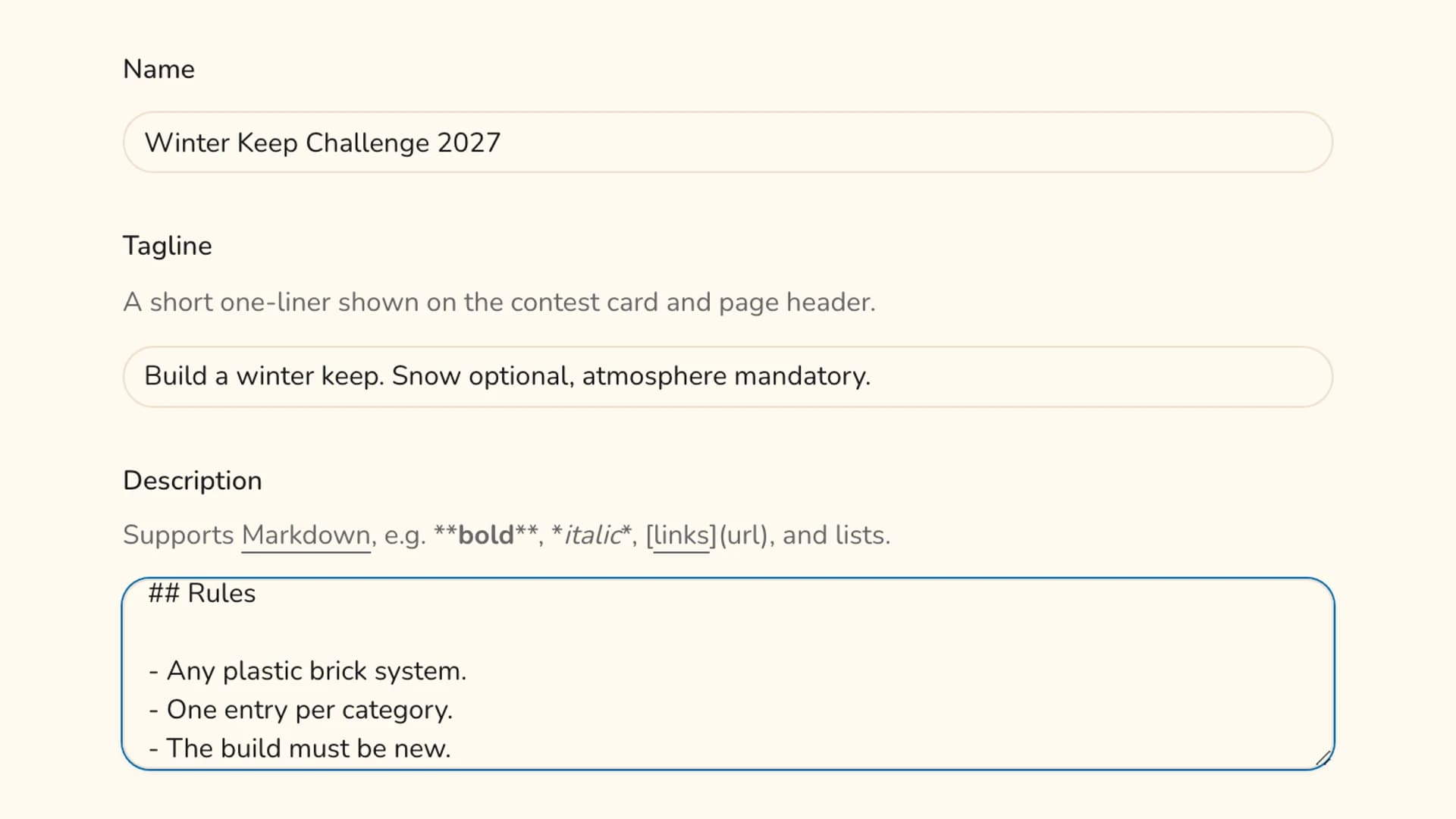 The top of the new contest form with the name, tagline and description fields filled in