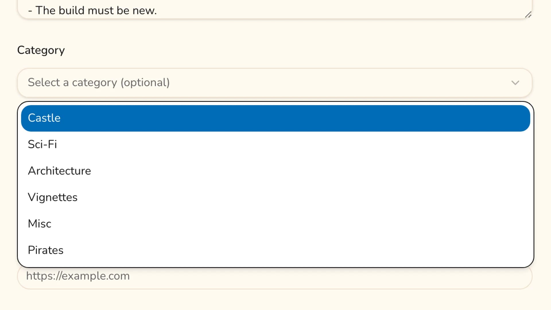 The open theme dropdown on the contest form showing options such as Castle and Space