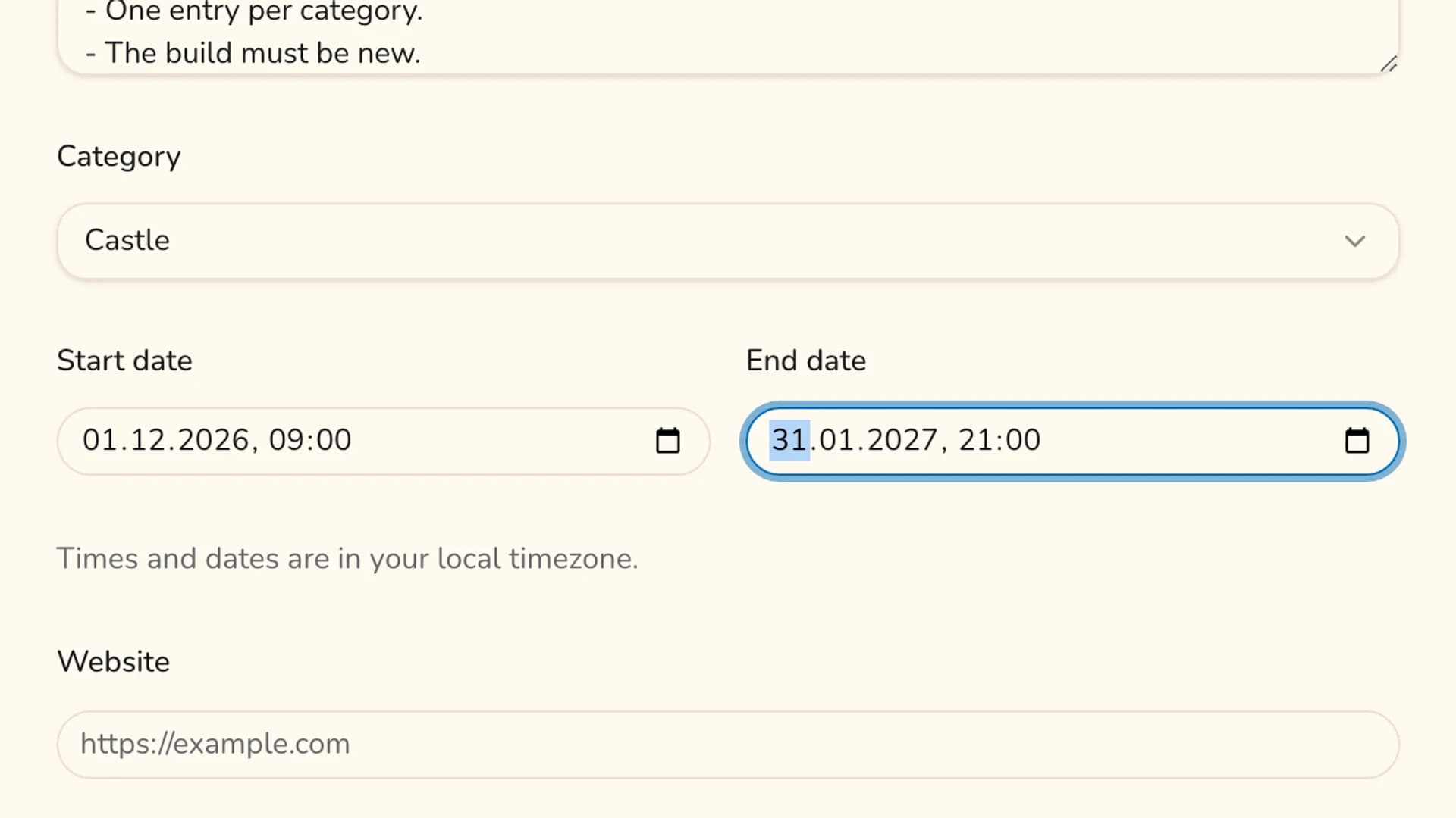 The start date and end date fields of the contest form