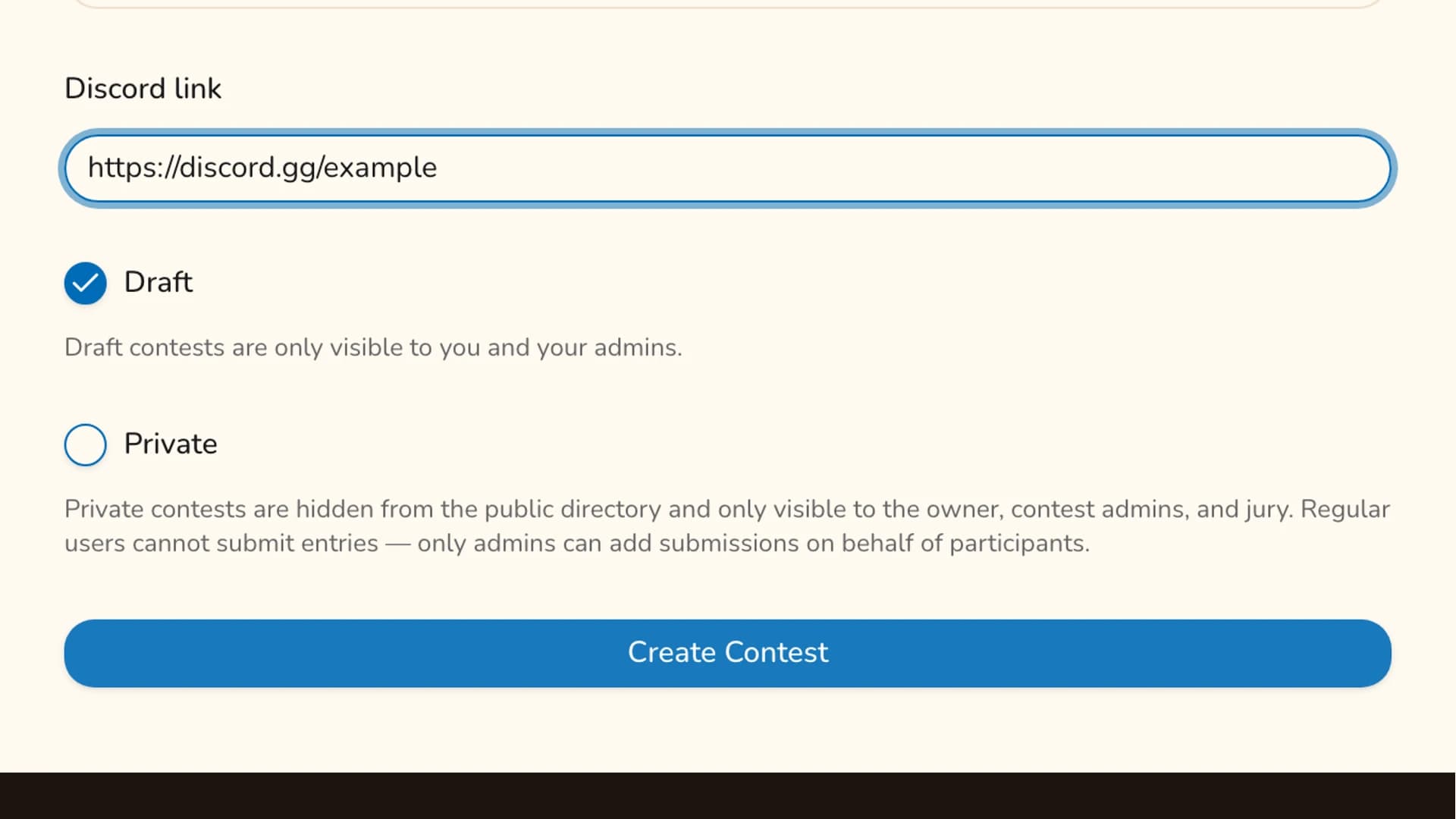 The draft and private checkboxes at the bottom of the contest form with their explanations