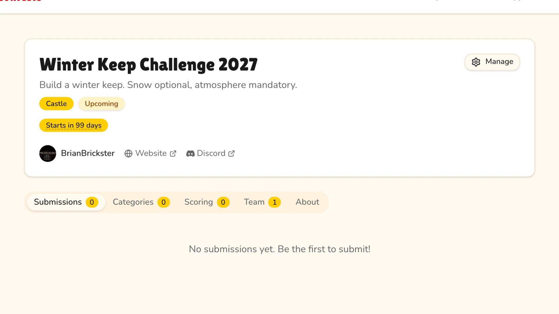 A freshly created contest page with empty tabs and a Manage button in the top right
