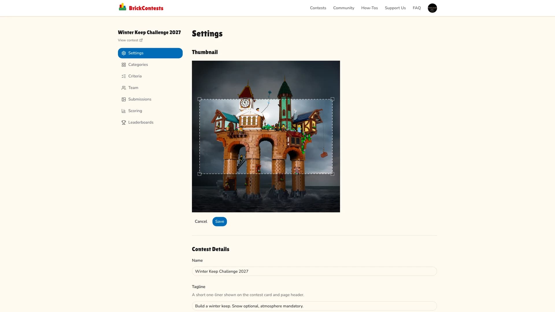 The thumbnail section of contest settings with a photo loaded and a 16:9 crop frame over it