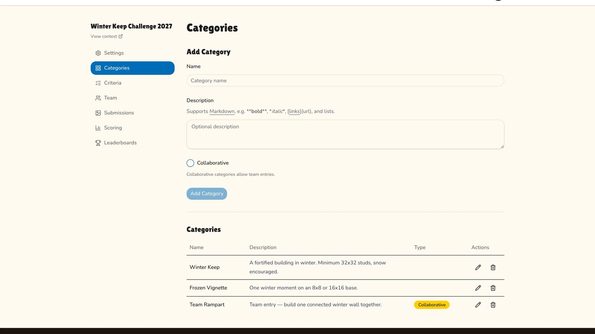 The Categories admin page with the add form at the top and a table of existing categories below