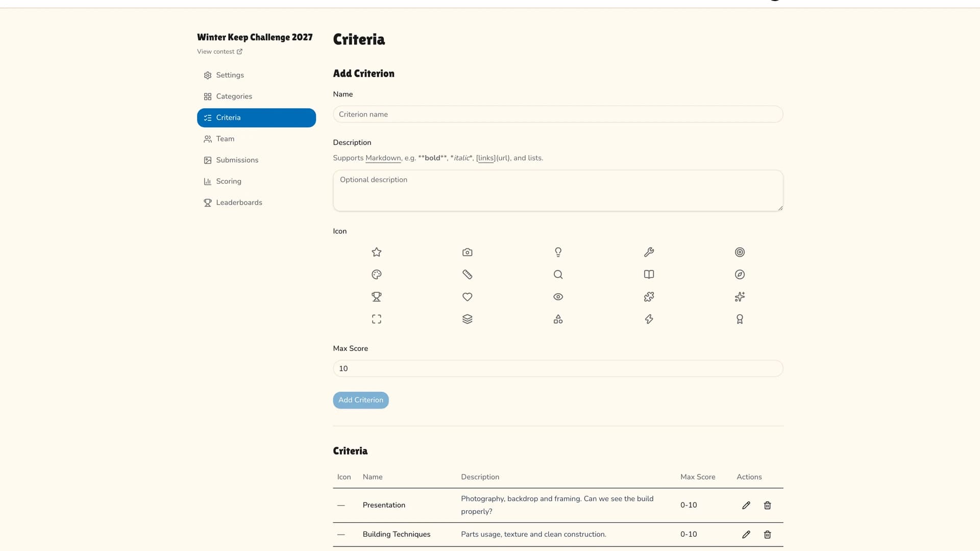 The Criteria admin page with the add form and a table of criteria with icons and maximum scores