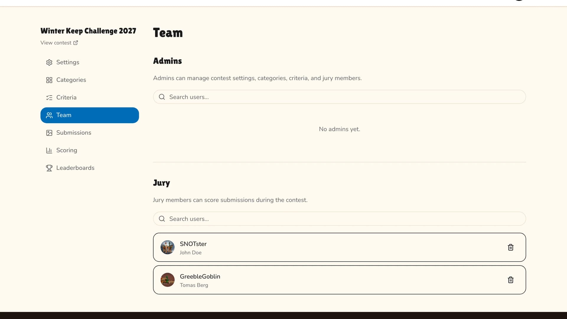 The Team admin page with an admin list, a jury list and a username search box
