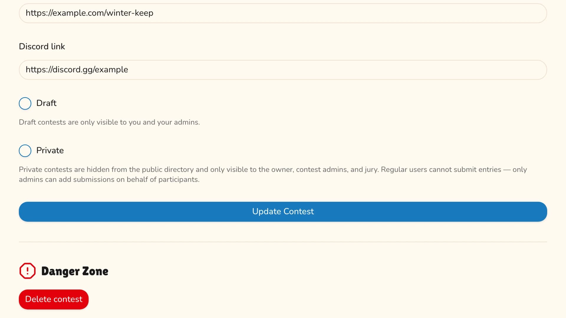 The contest settings form with the draft checkbox unticked and the Update Contest button