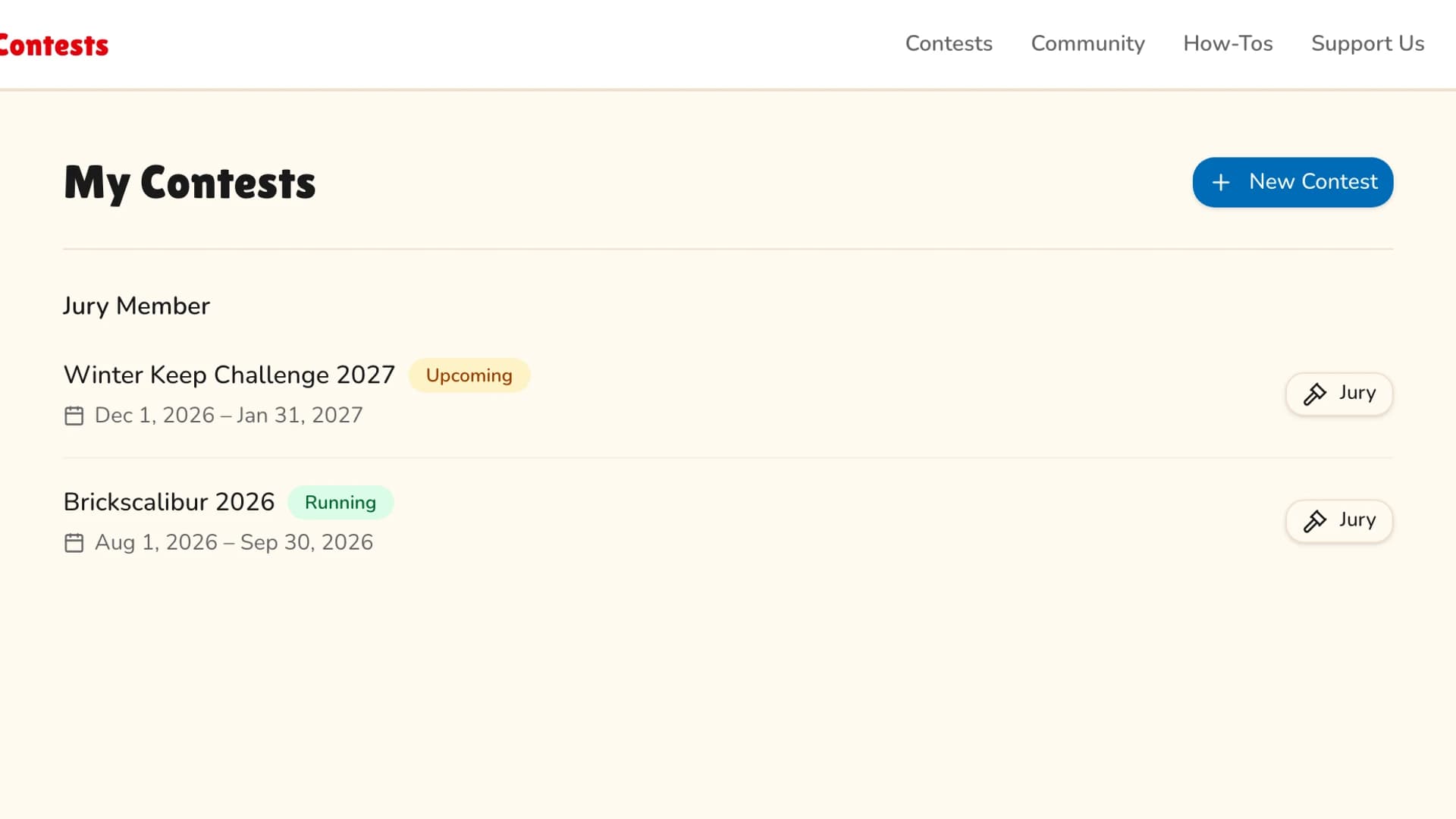 The My Contests page with a contest listed under Jury Member and a Jury button beside it