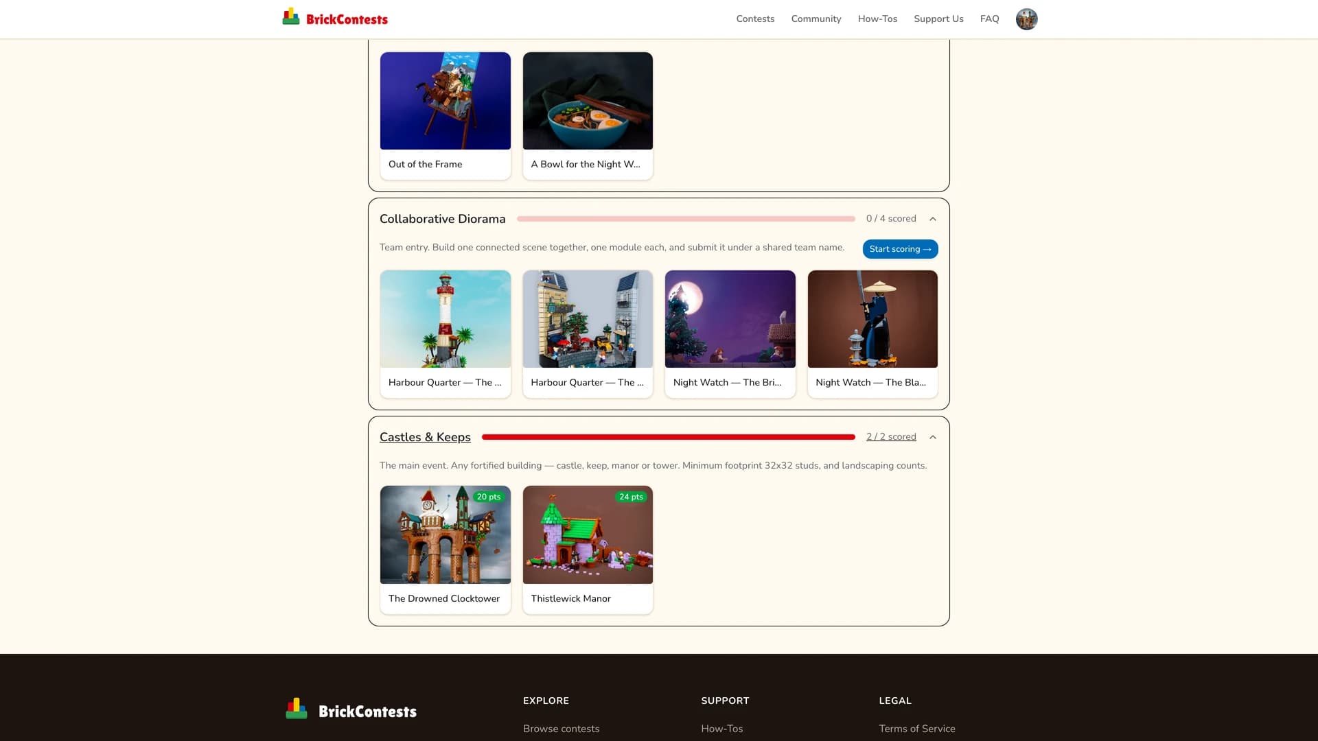 The jury page with categories as expandable sections, each with a progress bar and thumbnails