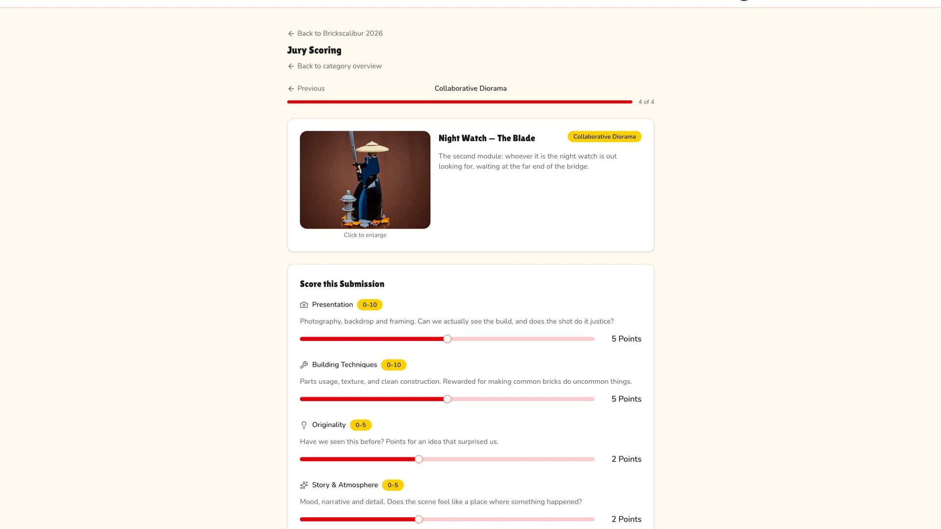 The jury scoring page showing an entry with its photo, description and social links above the scoring form