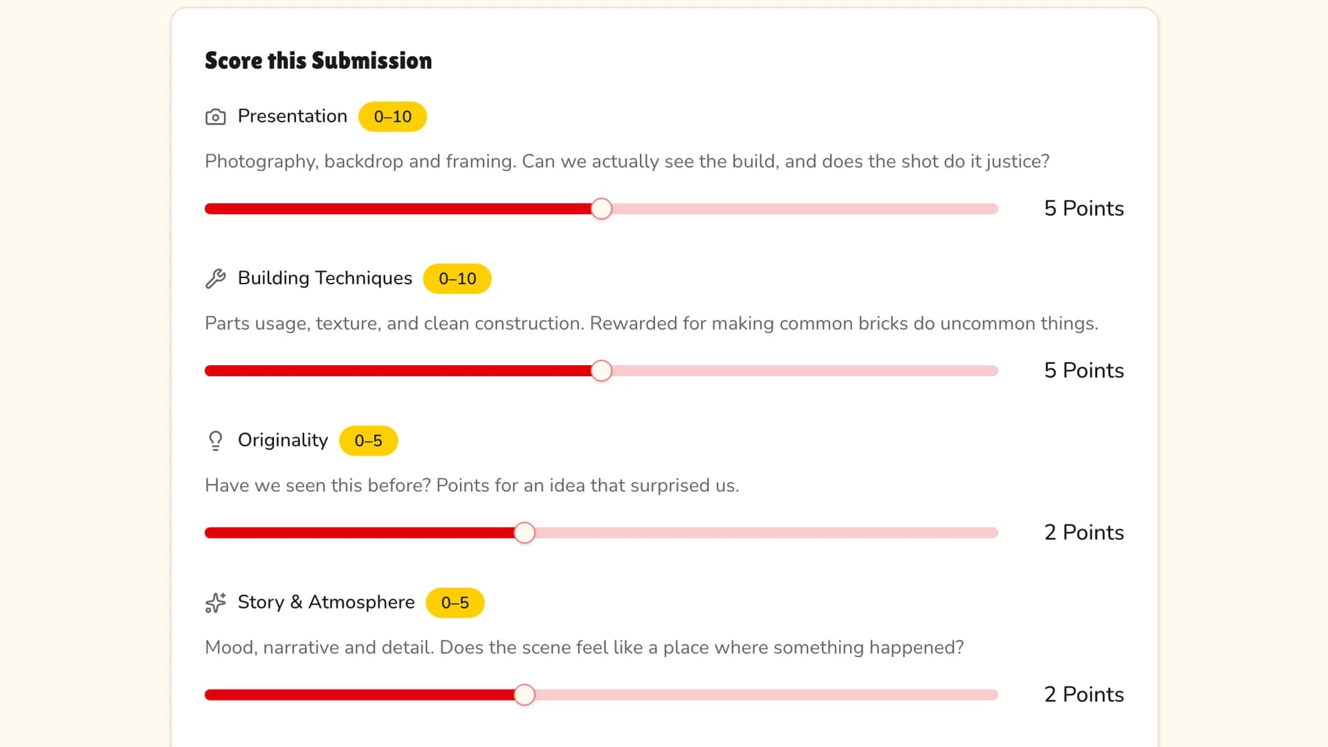 The scoring form with one slider per criterion and the awarded points shown beside each