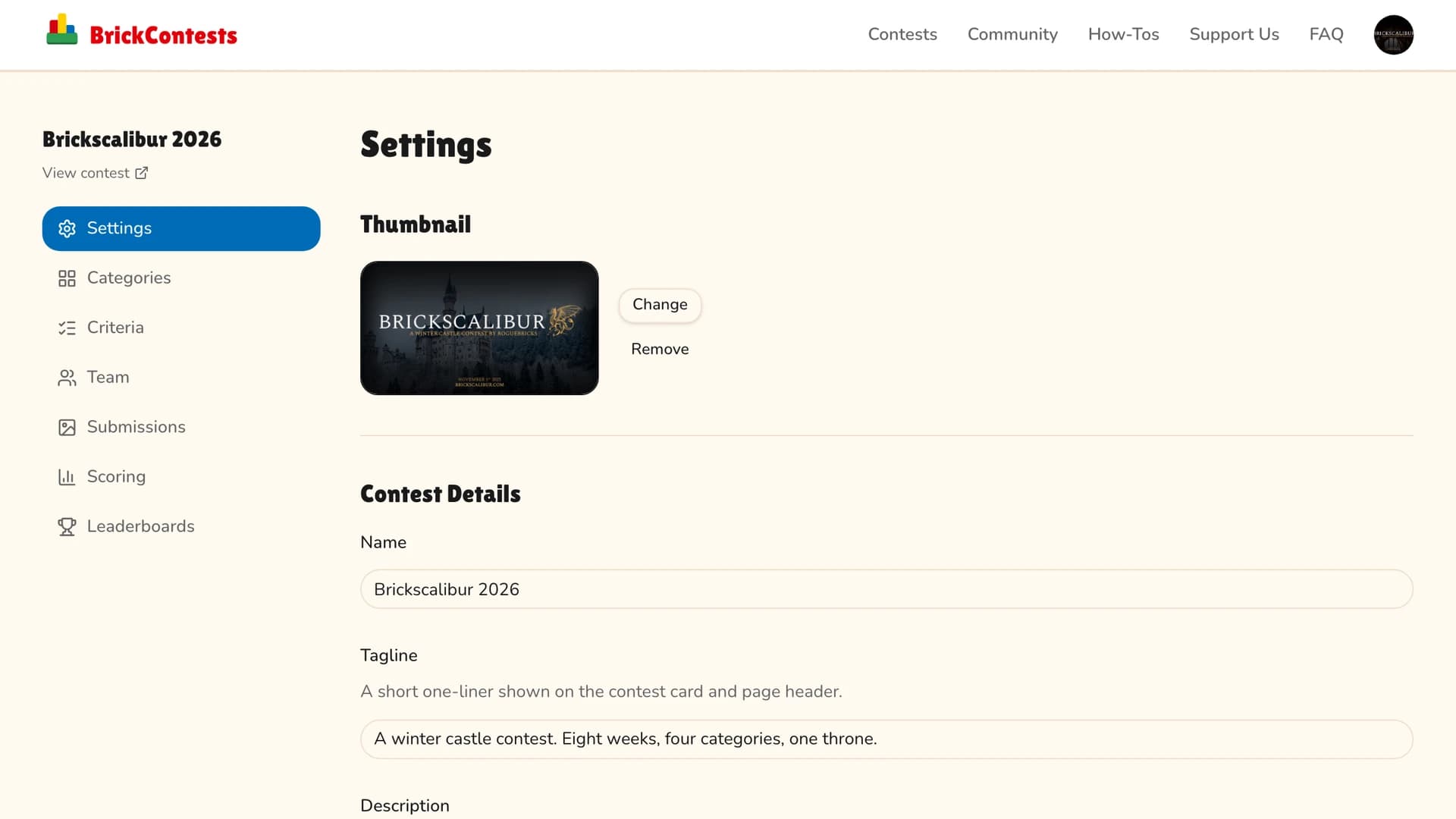 The contest admin panel with its sidebar of sections