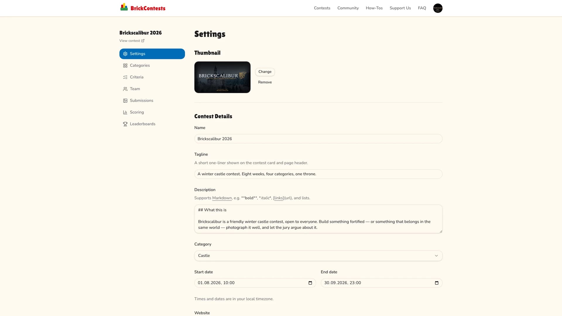 The contest settings page showing the thumbnail editor and contest detail fields