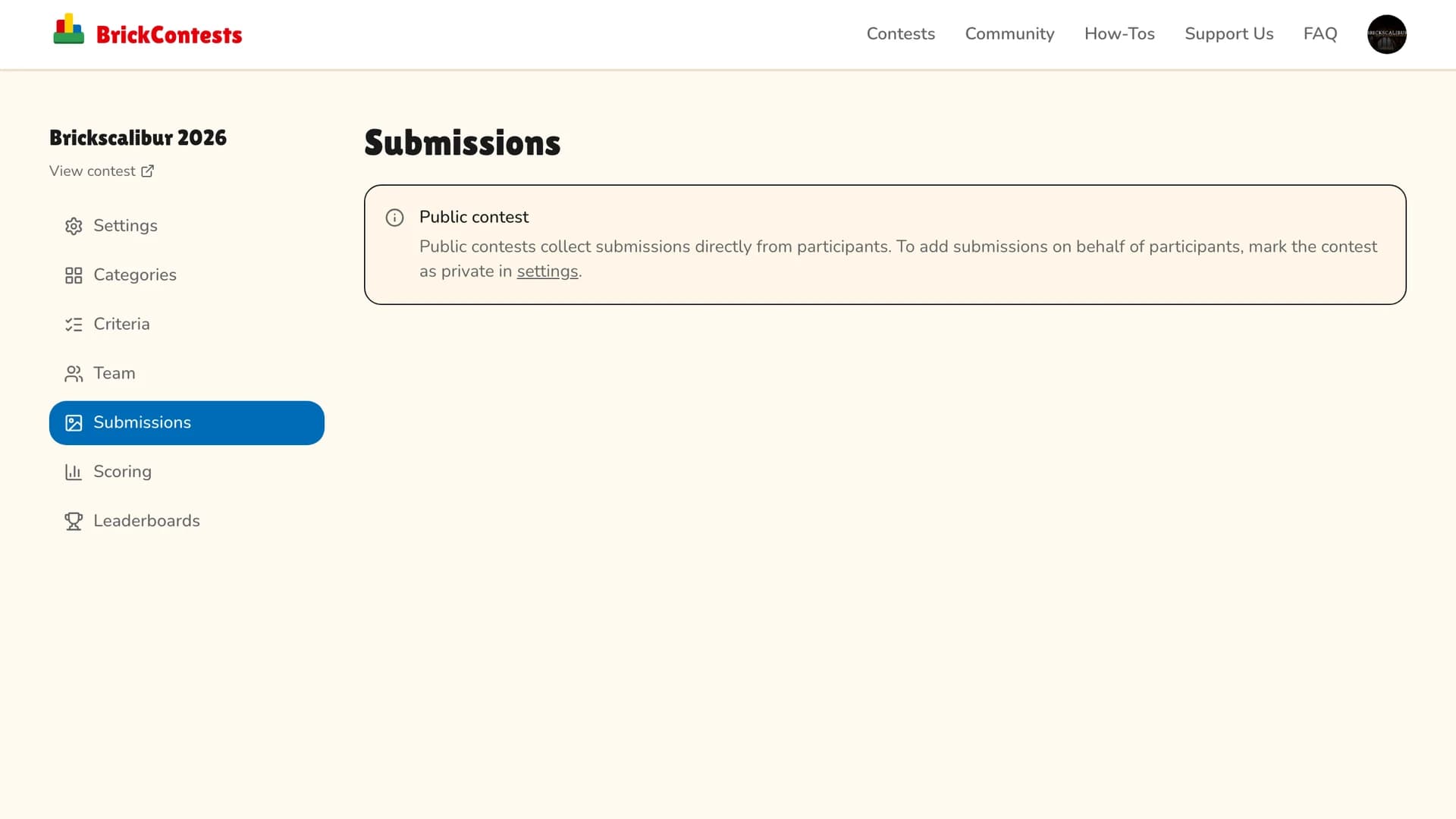 The admin Submissions page of a public contest showing the note about private contests