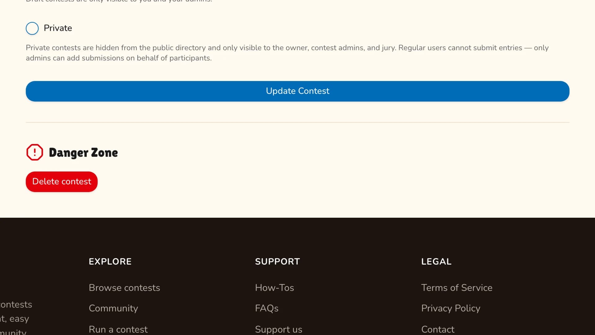 The danger zone at the bottom of contest settings with a delete contest button