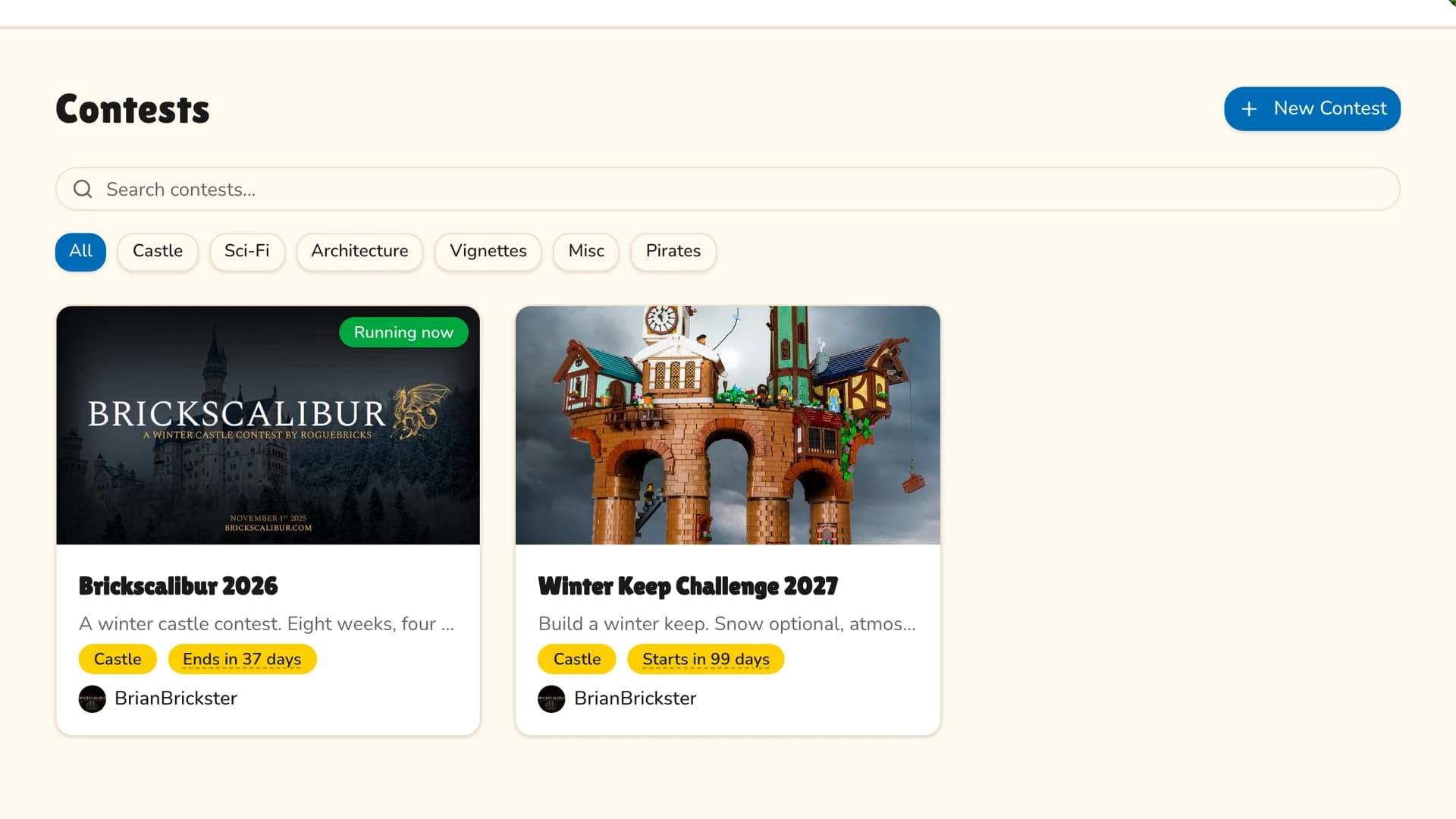 The contests page with a search box, theme filter buttons and a grid of contest cards