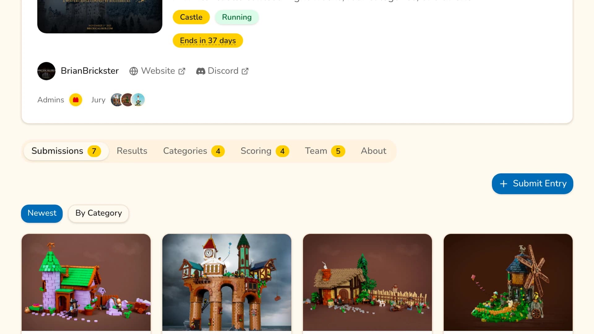 The Submissions tab of a running contest with the Submit Entry button highlighted