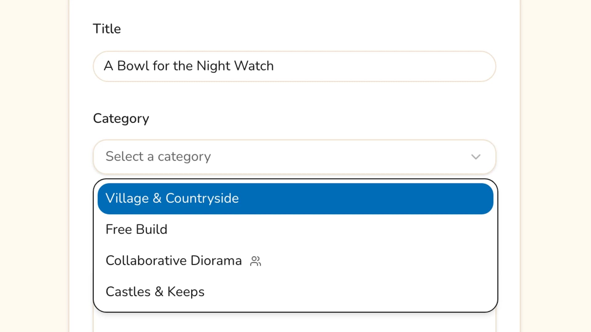 The title field and the open category dropdown on the submission form