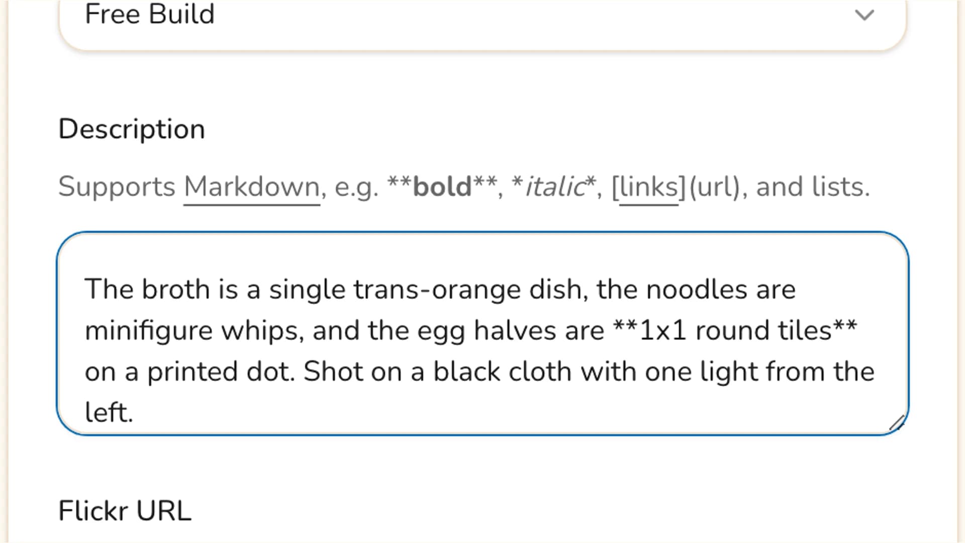 The description field of the submission form filled with a few sentences of Markdown