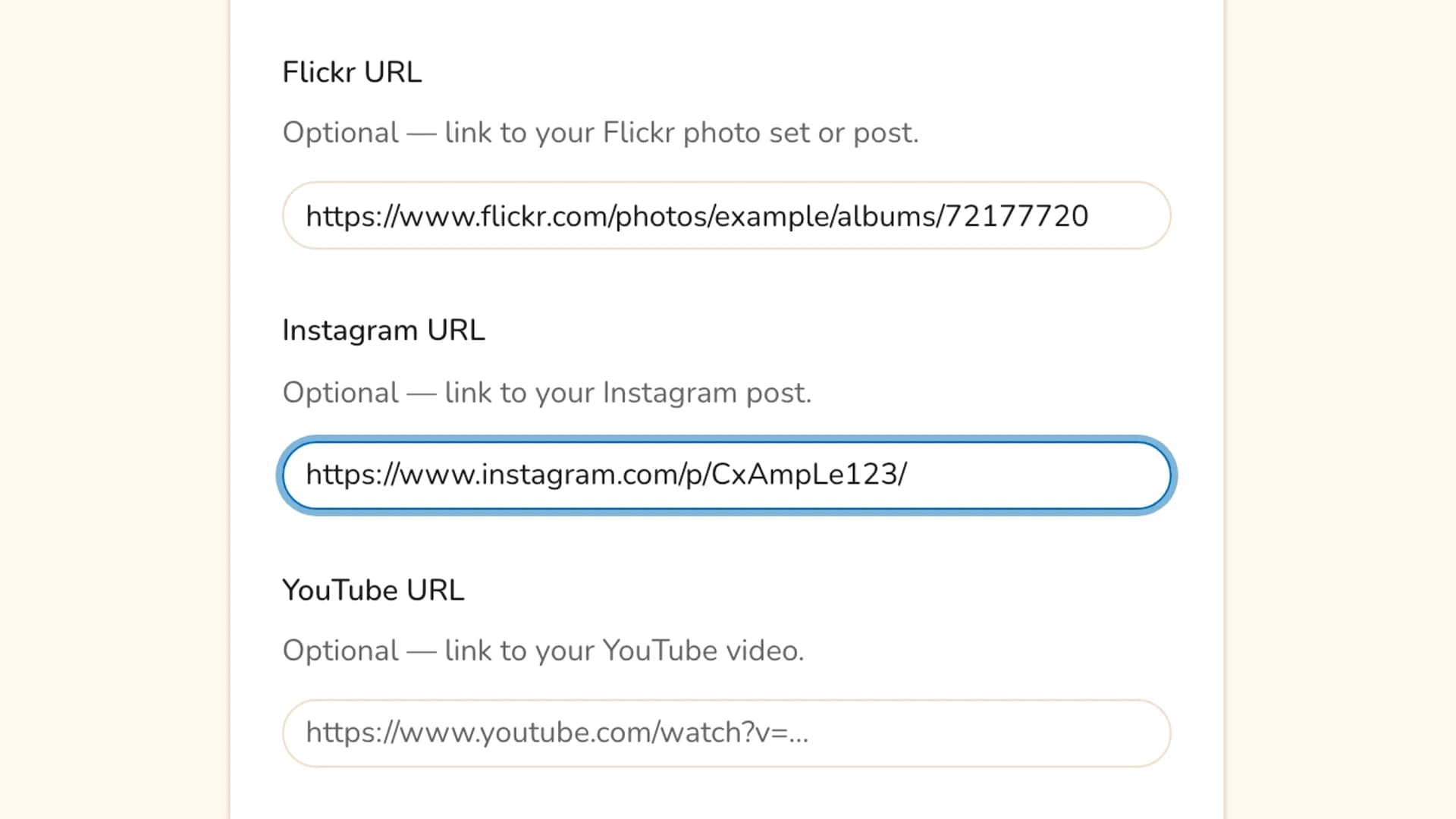 The optional Flickr, Instagram and YouTube URL fields on the submission form