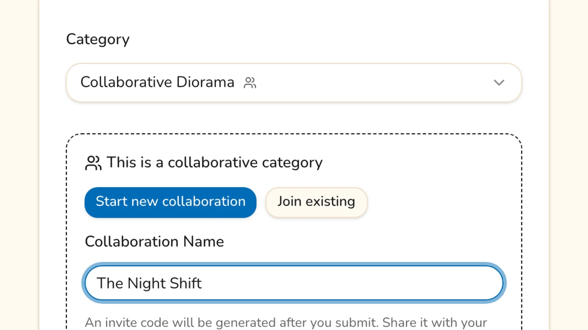 The submission form with a collaborative category selected, showing the Start new collaboration option and a collaboration name field