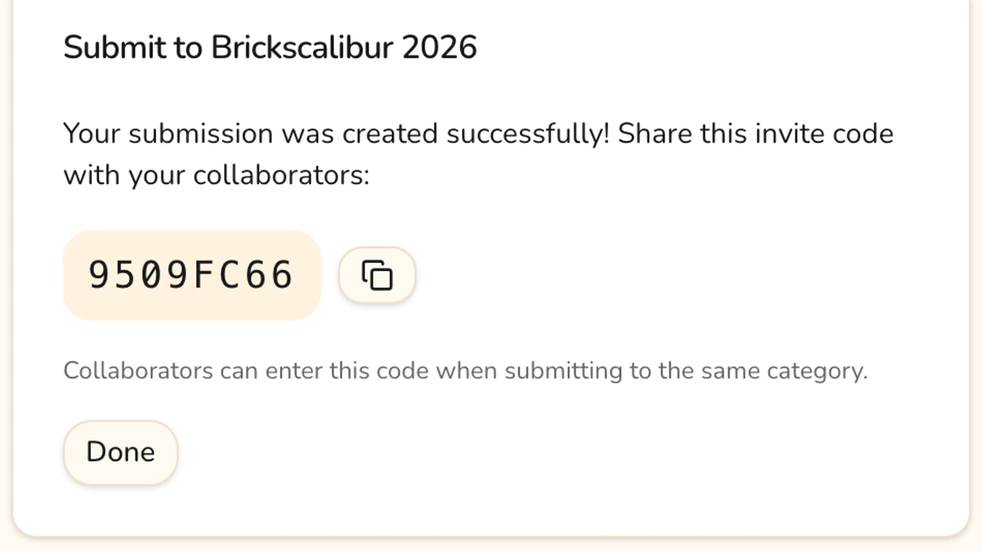 The confirmation screen after a collaborative submission showing an eight-character invite code and a copy button