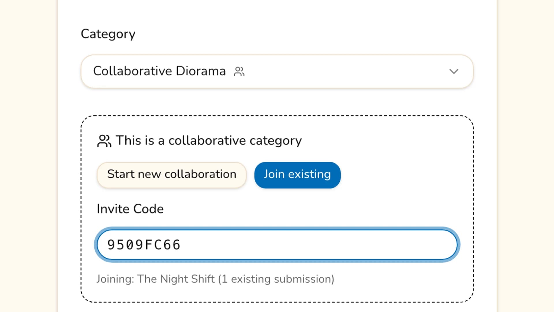 The submission form in Join existing mode with an invite code typed in and a confirmation line naming the collaboration
